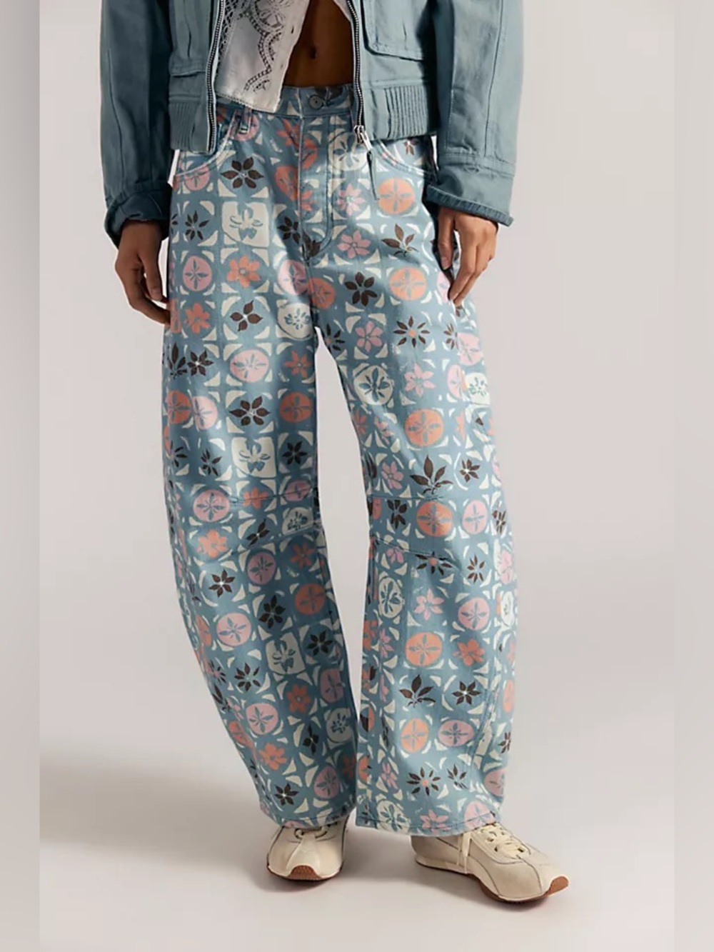 Free People Good Luck Mid Rise Barrel Ditsy Block Floral Blue 28